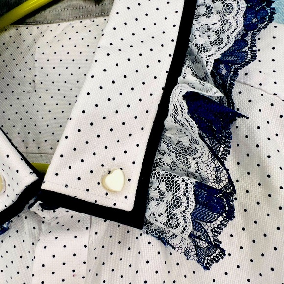 Navy and White Polka Dot Button Down Crop Top Shirt w/ Lace Trim - Picture 6 of 7
